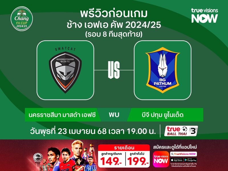 วิเคราะห์บอลช้าง เอฟเอคัพ รอบ 8 ทีม นครราชสีมา มาสด้าฯ พบ บีจี ปทุมฯ 